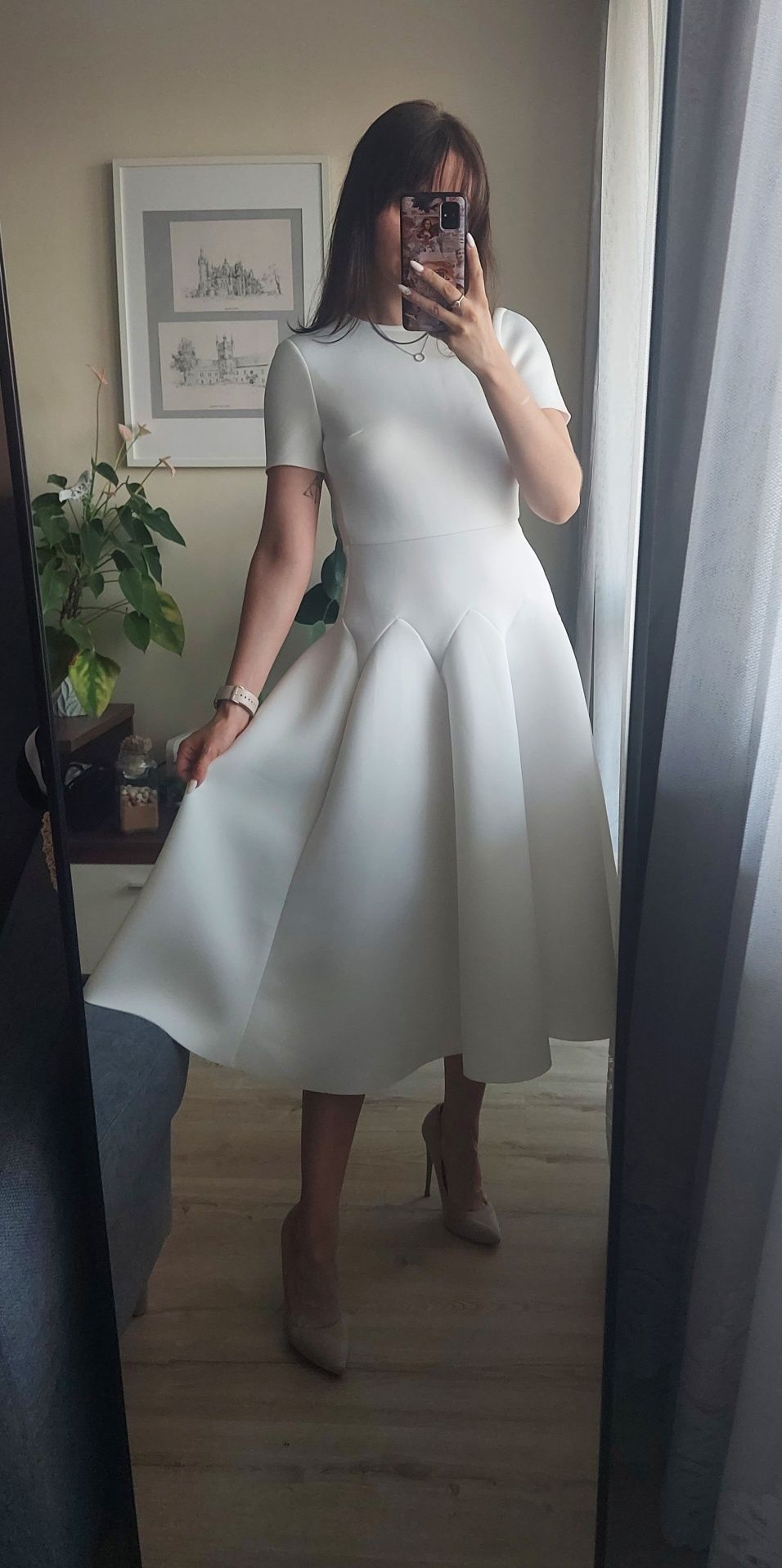 Piękna efektowna elegancka sukienka midi odkryte plecy rękaw Asos 34