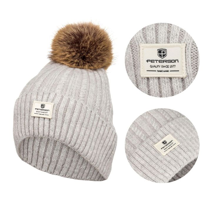 szara czapka damska z pomponem na zimę - peterson