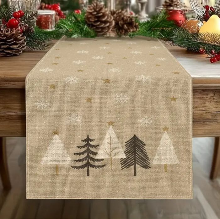 Bieżnik na stół obrus świąteczny beżowy kremowy choinki 33x92