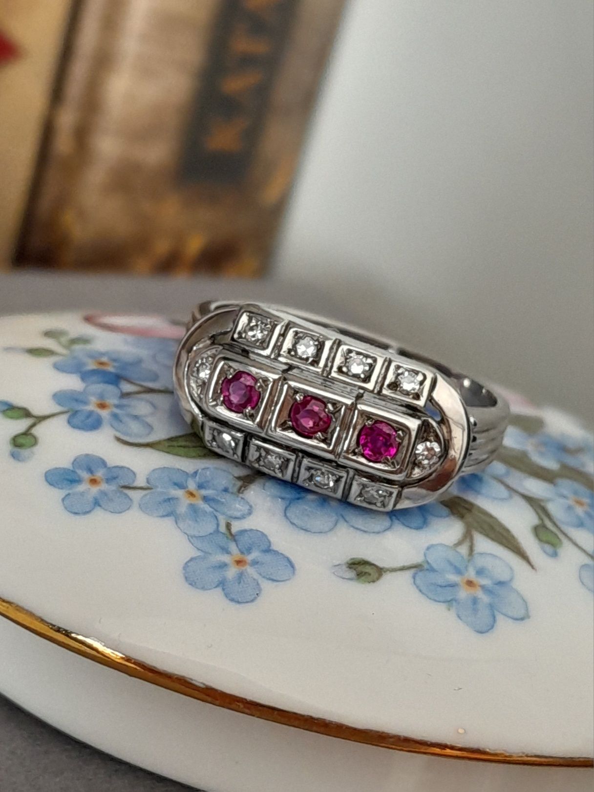 R.16 Pierścionek 4.7g Art Deco Rubiny Diamenty Złoto 585