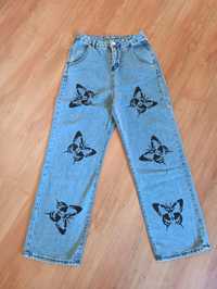 Spodnie szerokie jeansowe motyle pas 74 cm