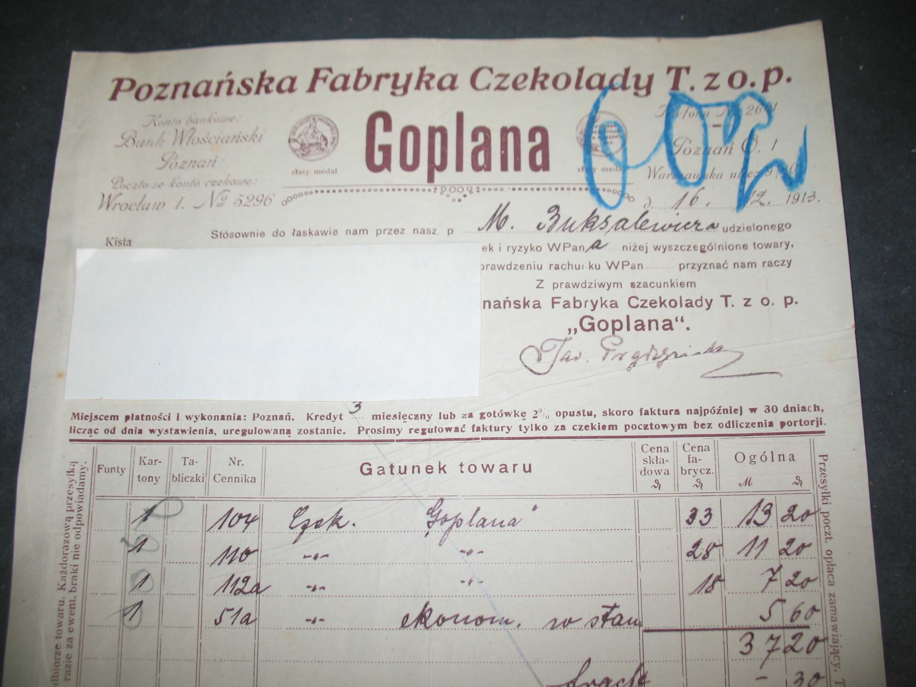 Goplana - Poznańska Fabryka czekolady 1913 r - Rachunek