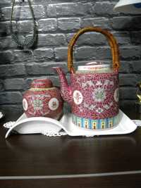 Stary chiński zestaw do herbaty Mun Shou porcelana ręcznie malowana