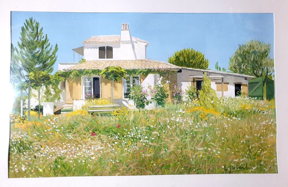 Pintura paisagística "cssa de campo" em guache assinada