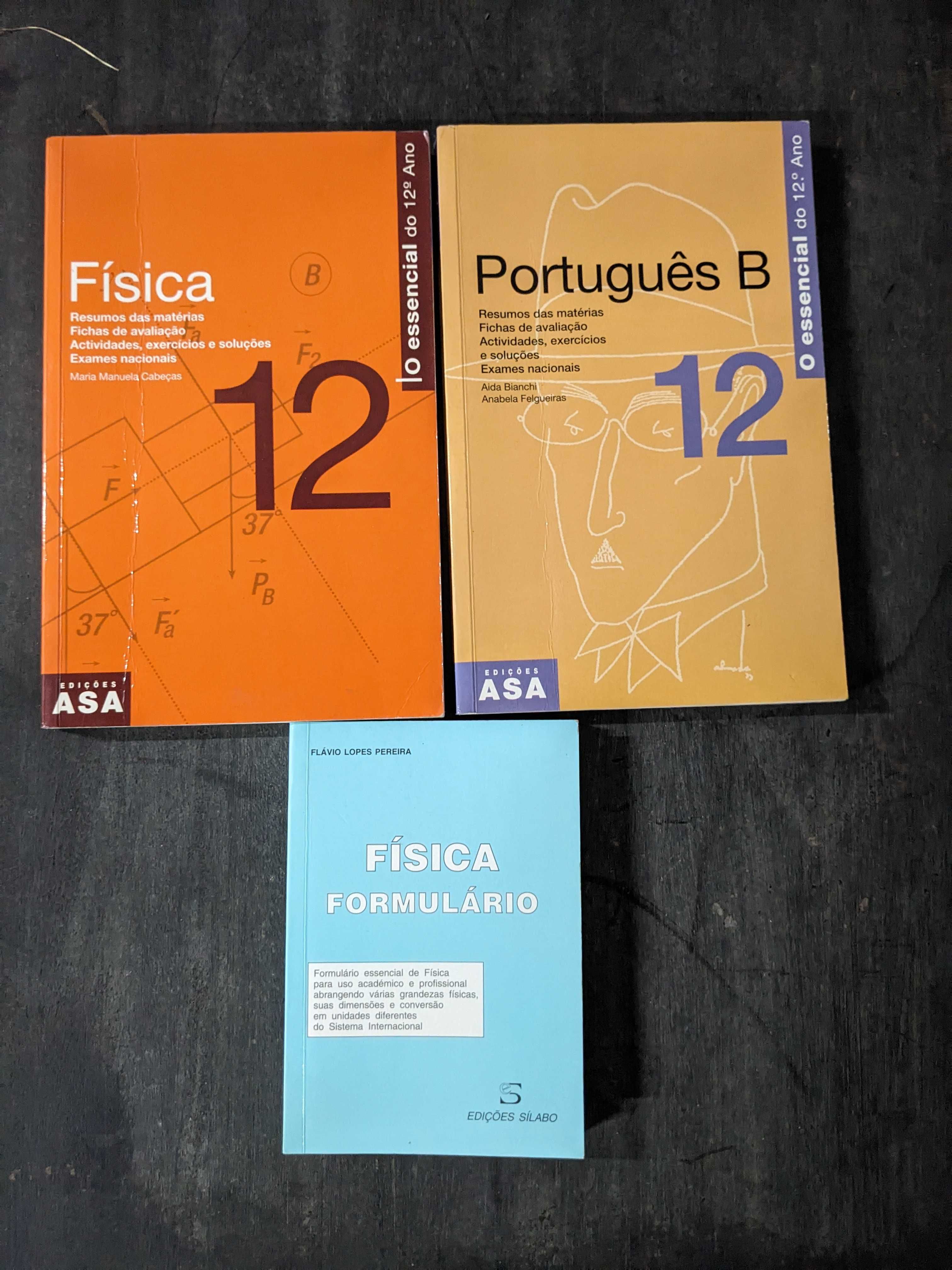 Livros Física, Português B, O essencial do 12 ano, e Física Formulário