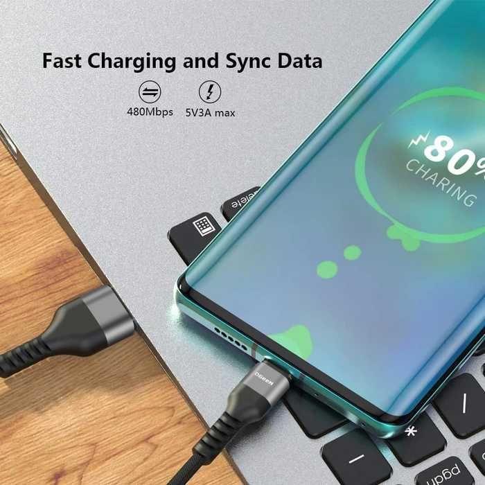 Kabel USB / USB-C SZYBKI Quick Charge 3A Mocny Przewód 1.8m - 3 sztuki