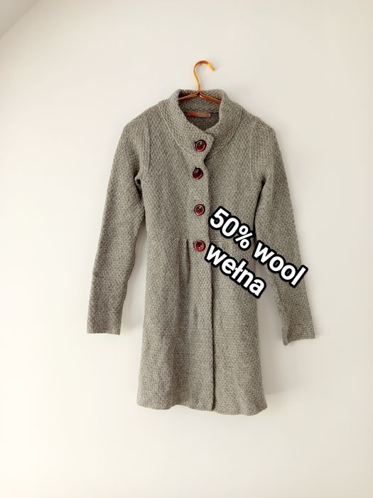 Wełniany sweter damski szary długi kardigan S jesienny zimowy