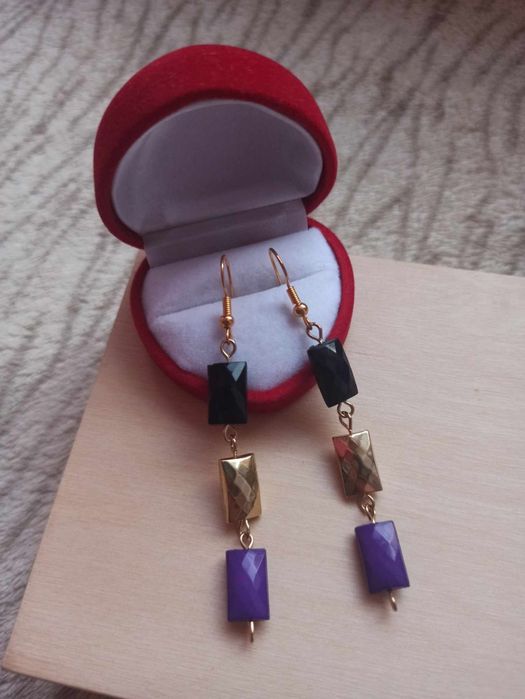 Śliczne trzykolorowe kolczyki tricolour earring czerń złoty fiolet