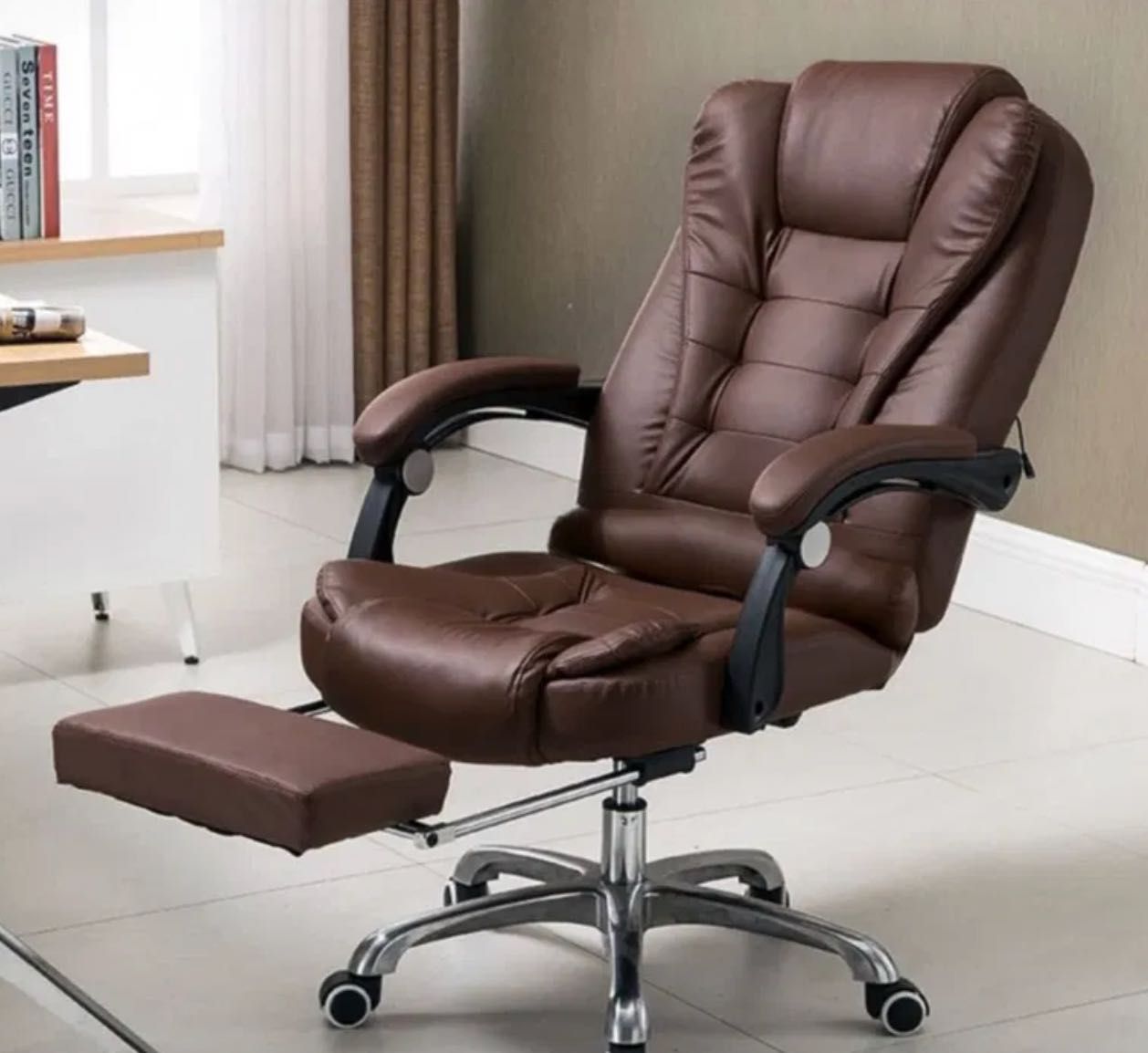 PREMIUM‼️Elegancki Fotel Biurowy Obrotowy Brązowy z podnóżkiem