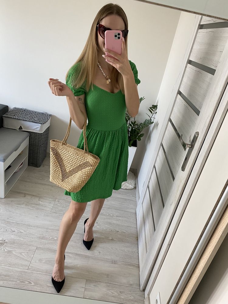 Zielona sukienka xs h&m nowa jesień butelkowa zieleń