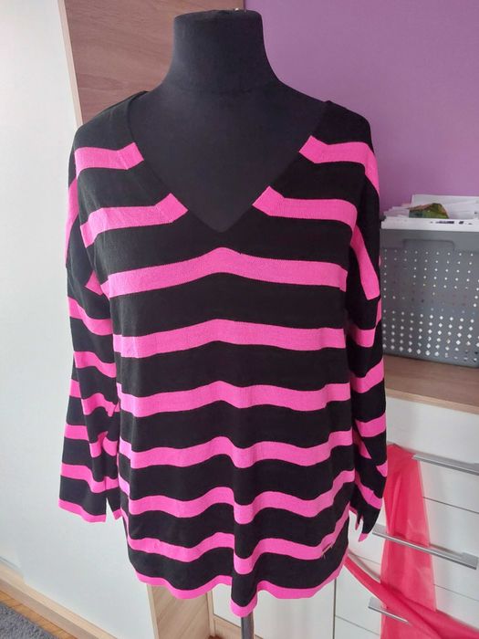 Sweter cienki oversize dekolt paski czarny rozowy oversize xl xxl
