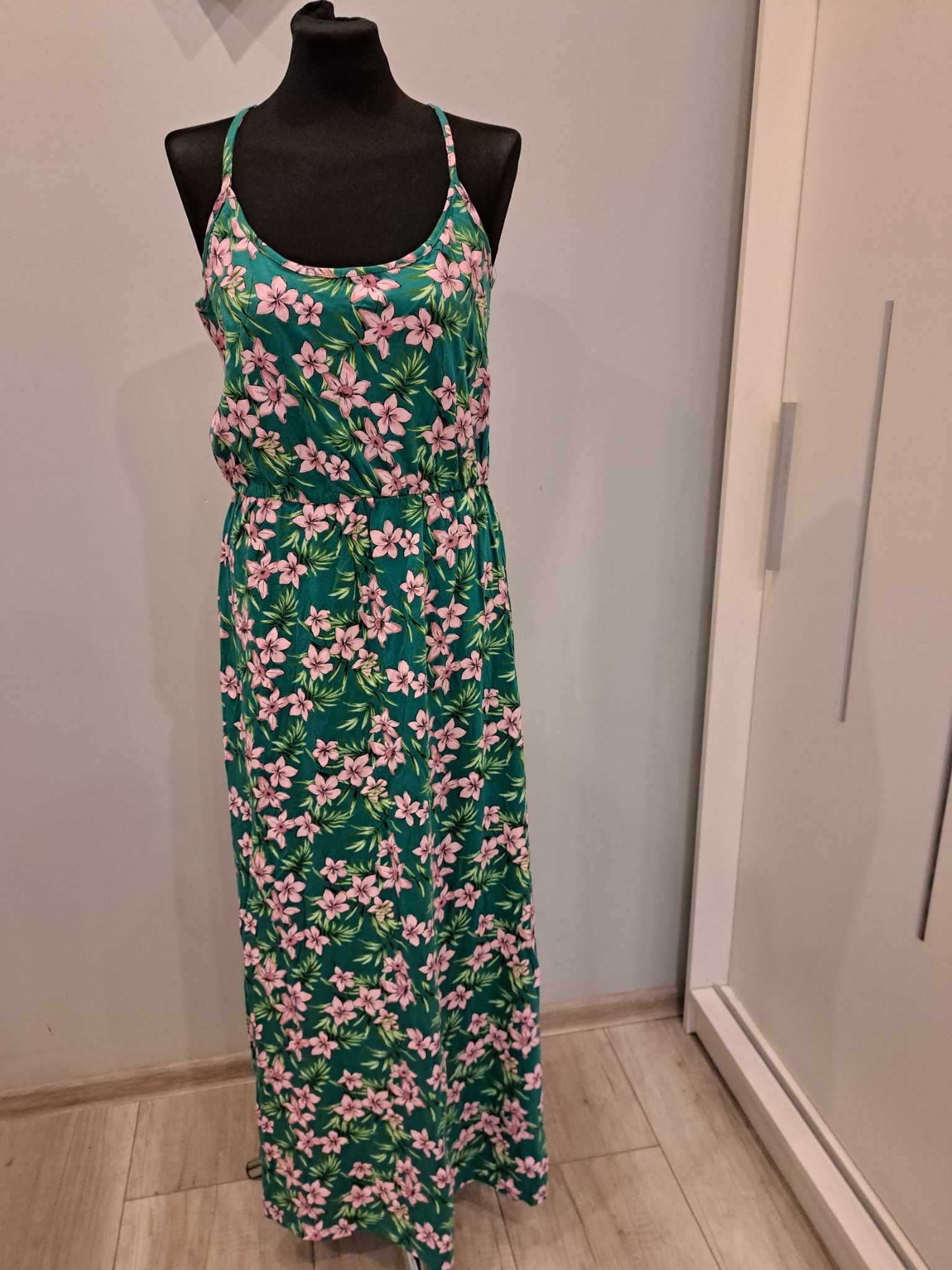 Sukienka na co dzień klasyczna maxi rozmiar L/XL, zielona w kwiaty