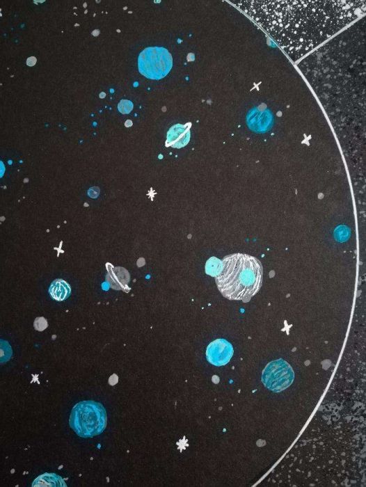 Ilustração original desenho pintura planetas estrelas universo galáxia