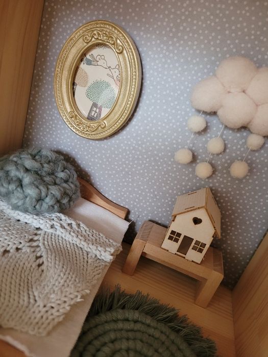 Piękny domek dla myszek  boho   wnętrze mebelko drewniany dla lalek