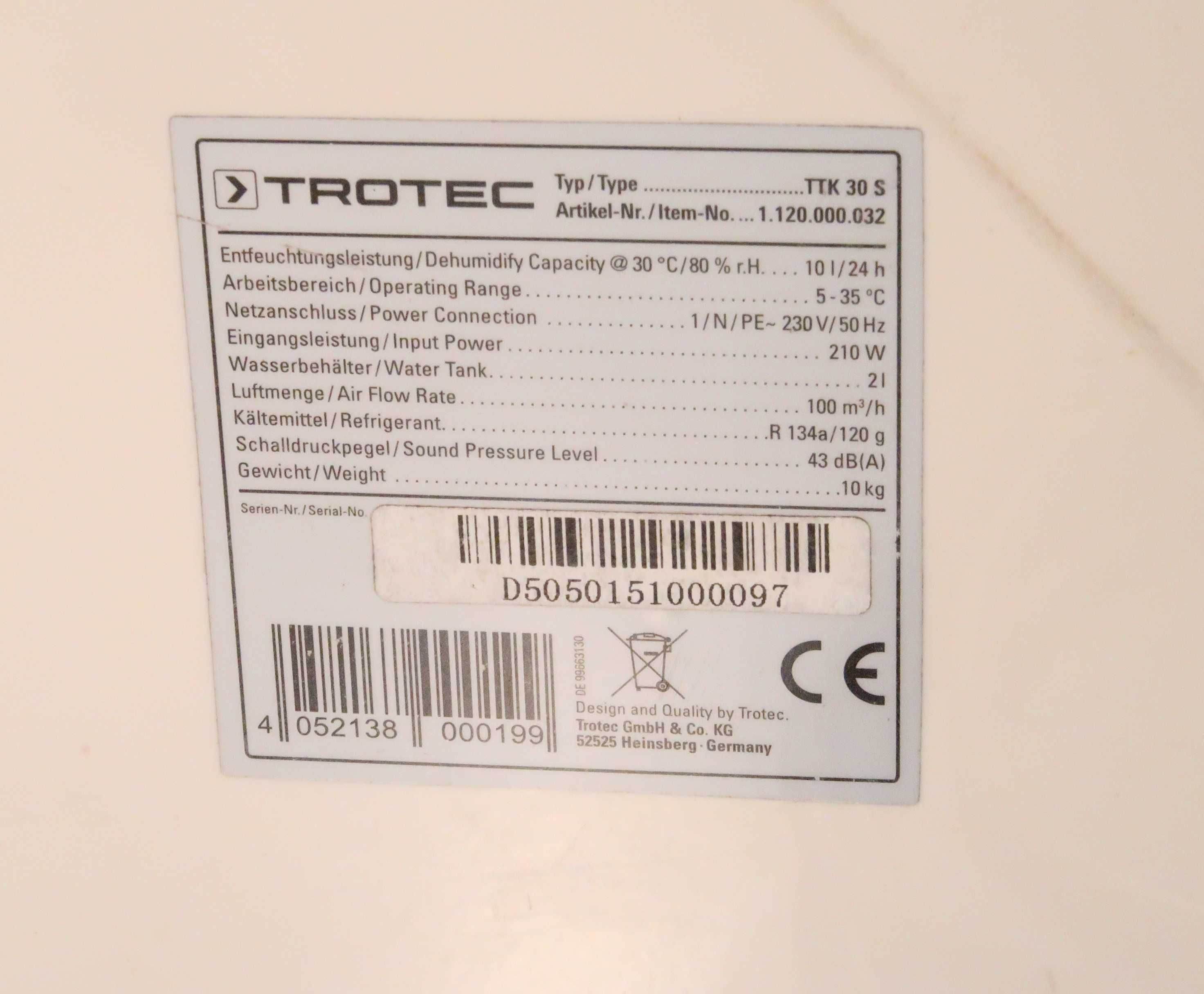 Kondensacyjny osuszacz powietrza TROTEC TTK 30 S 10l/24h 100m3/h