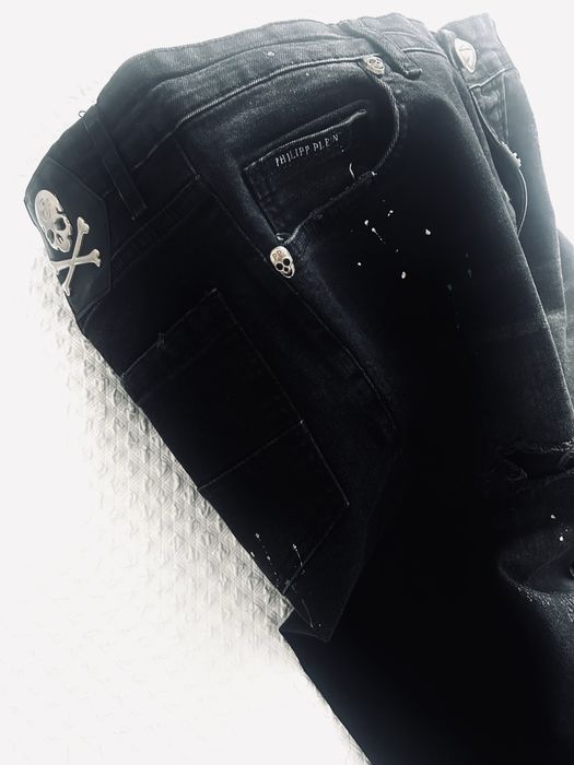 Philipp Plein spodnie meskie czarne dziury nakrapiane