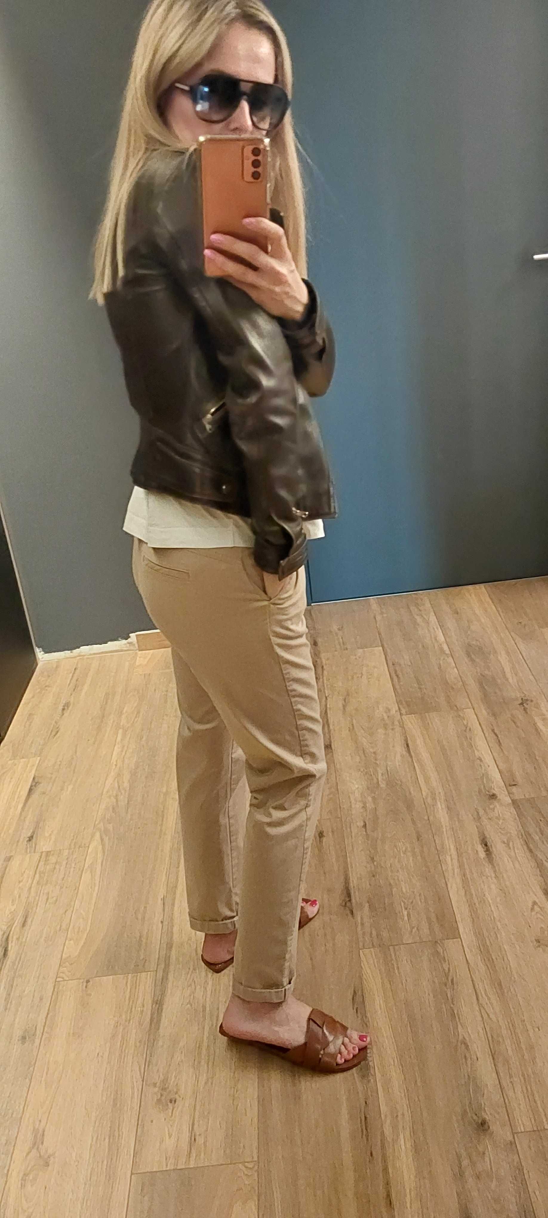 Skórzana ramoneska kurtka skóra Massimo dutti roz XS 34 ciemny brąz