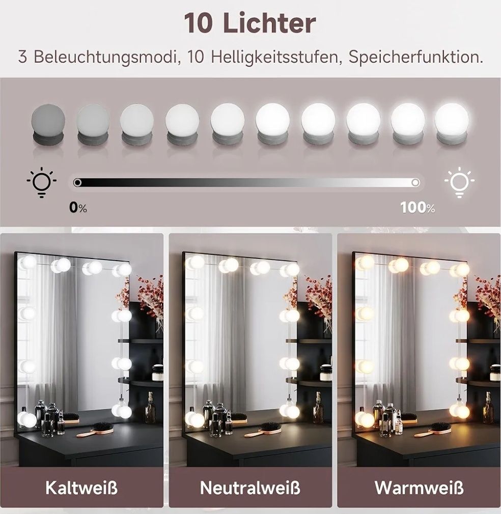 Toaletka z oświetleniem LED i lustrem HD, z 10 regulacją jasności
