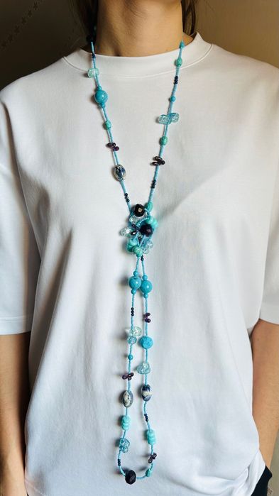 Довгі буси натуральні літні блакитні бірюза голубые летние бусы яркие