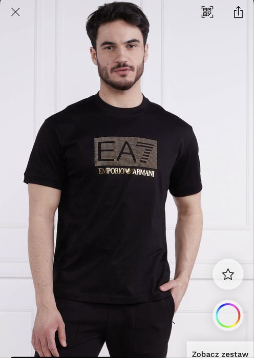 Emporio Armani t-shirt bluzka czarna EA7 cyrkonie zlote bos