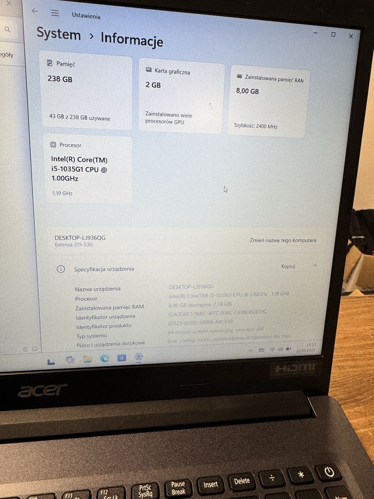 Laptop Acer Extensa 215-35G | i5-1035G1 | 8GB RAM | MX330 | 256GB