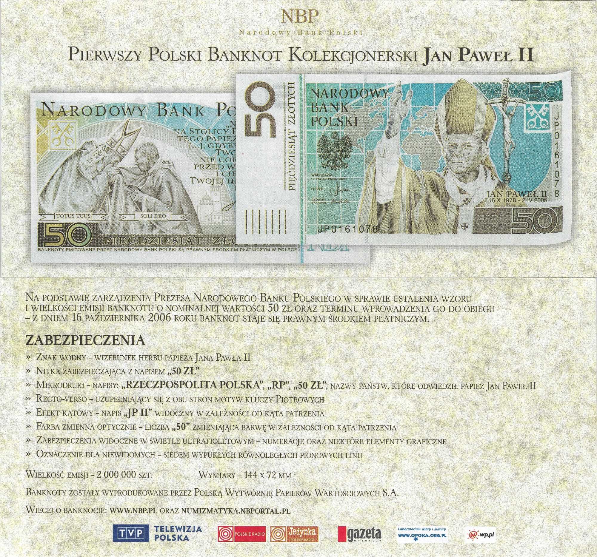 Banknot Kolekcjonerski NBP 50 zł Jan Paweł II