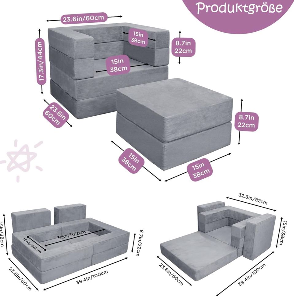 Nowa BABYNEST sofa dla dzieci 3w1, łóżko dla niemowlaka,
