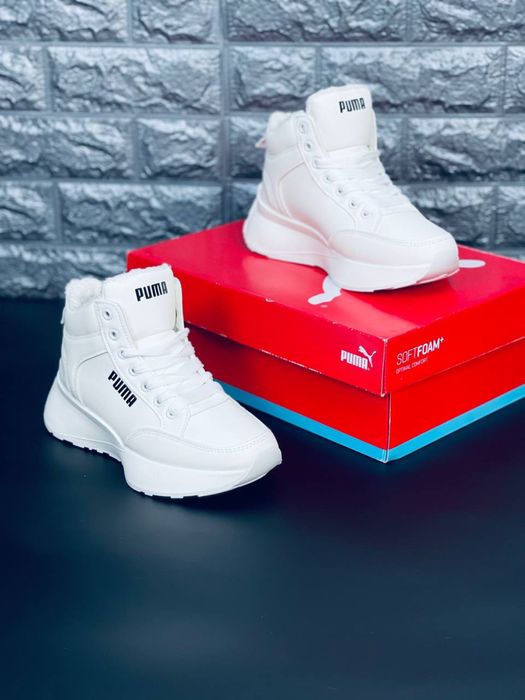 Белоснежные зимние Puma с меховой подкладкой / Кожаные белые кросовки