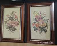 2 quadros com moldura em madeira, de tema floral