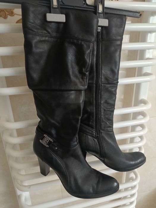 Kozaki buty czarne skórzane 38 wysokie na słupku zimowe ocieplane