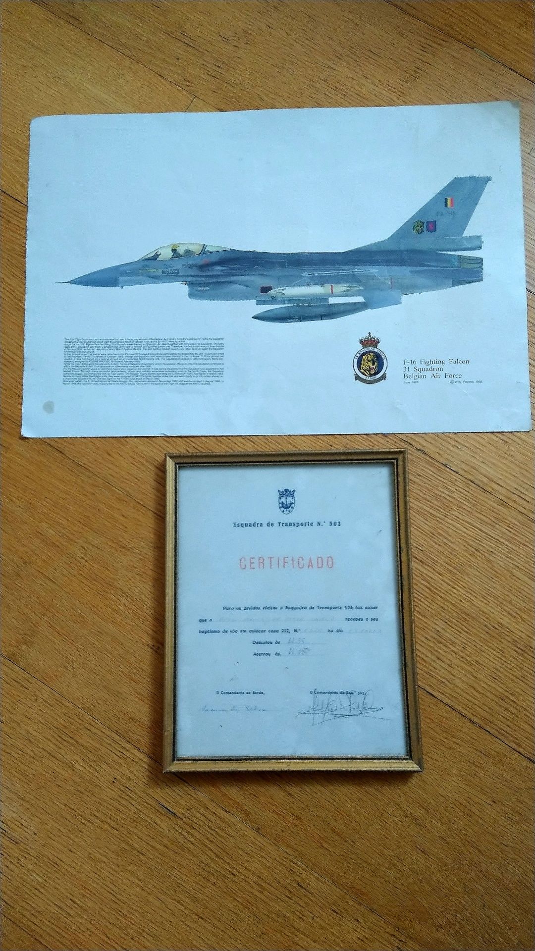 Poster Antigo F16 Belgian Air Force e certificado de voo