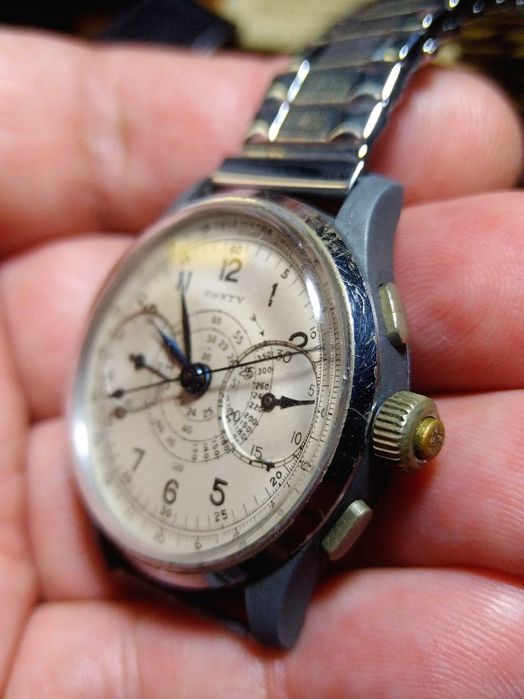 Raro cronógrafo CONTY flyback 34mm corda manual