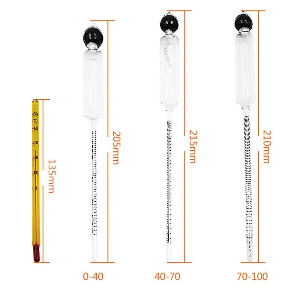 Комплект спиртометров три штуки 0-100% плюс термометр.