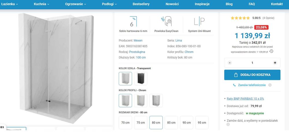 OKAZJA NOWA ścianka prysznicowa transparentna