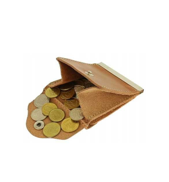 Mały portfelik na monety banknoty portmonetka karmel skóra naturalna