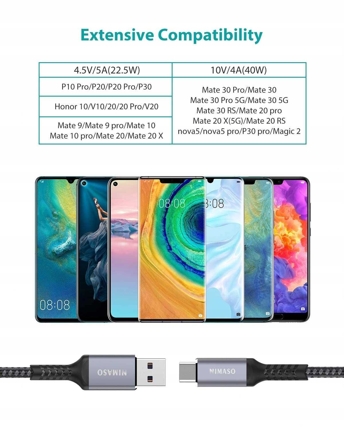 Kabel do Ładowania USB - USB-C SuperCharge 40W SCP FCP 2m+1m Szary