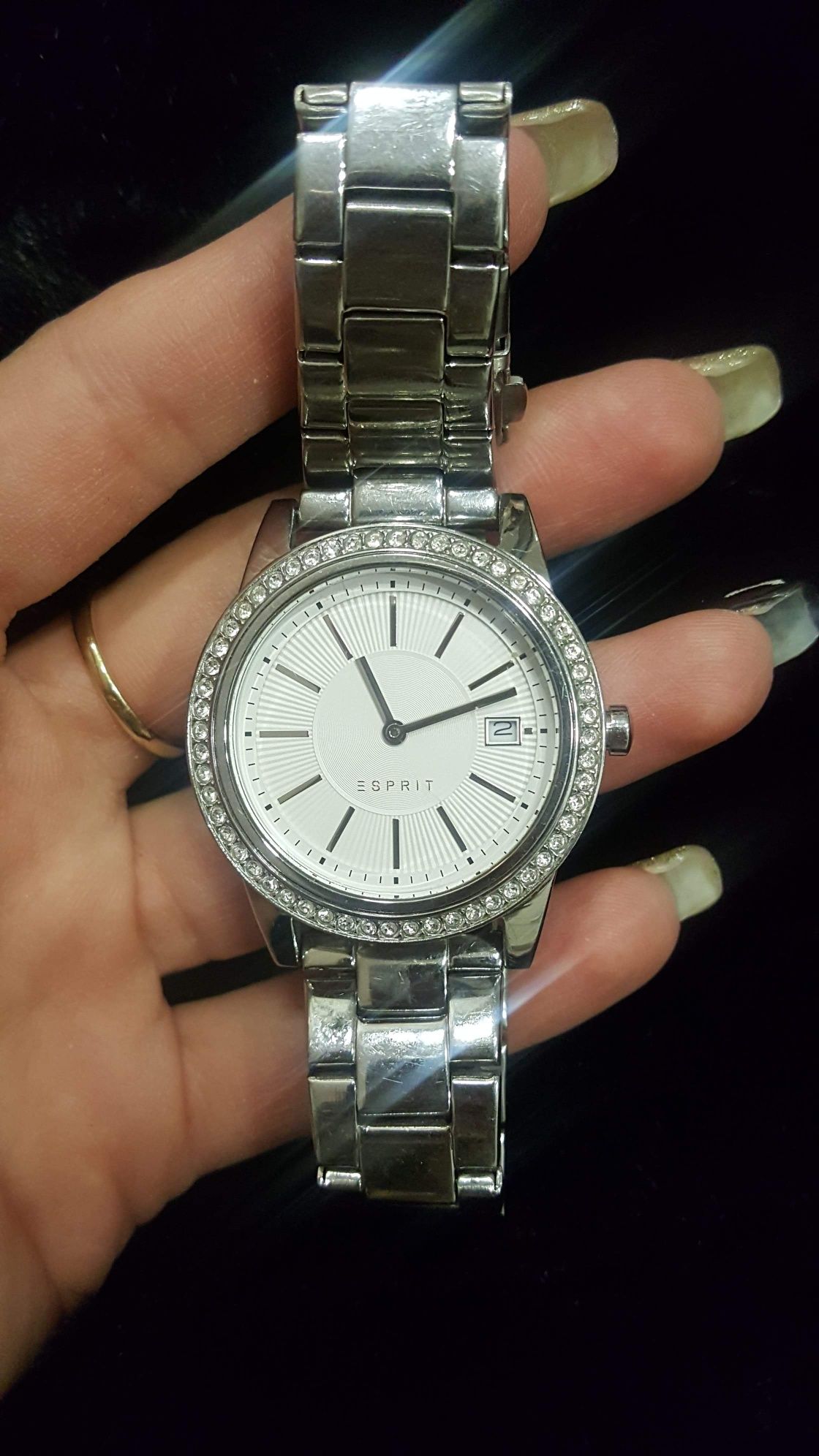 ESPRIT damski zegarek srebrny cyrkonie stan idealny z pudełkiem