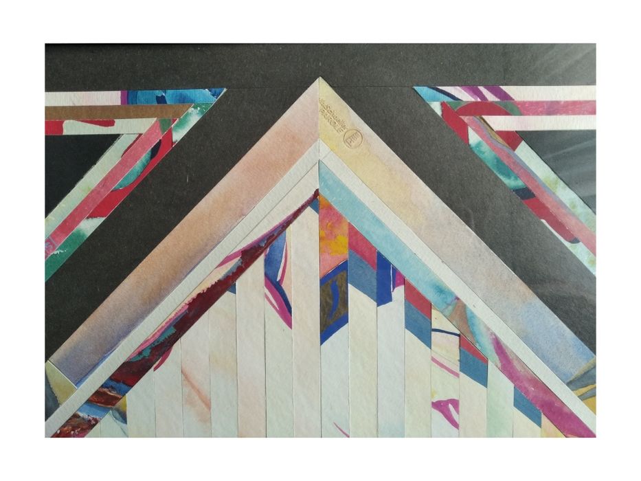 Akwarela z kolażem. Obraz w szkle 70/50, sygnowany. Szyba do wymiany.