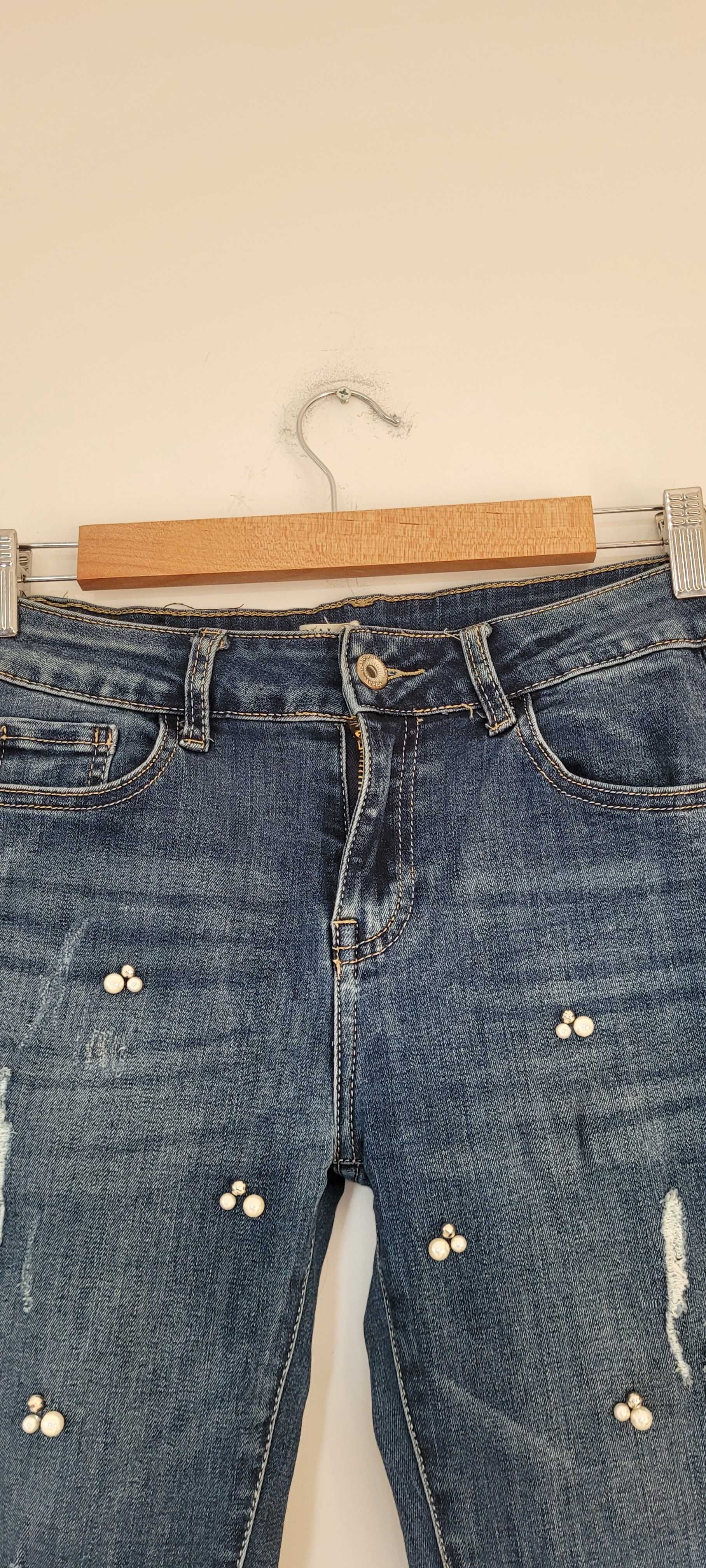 Niebieskie spodnie jeans perełki przetarcia Redial,roz38