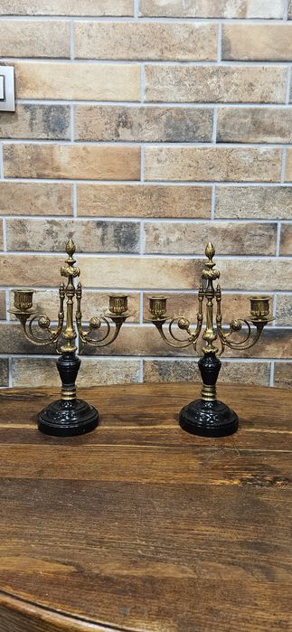 Świeczniki z brązu i czarnego marmuru antyk XIX wiek prezent na święta