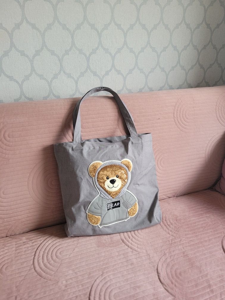 Piekna nowa  torba shopper hand made miś bear szara