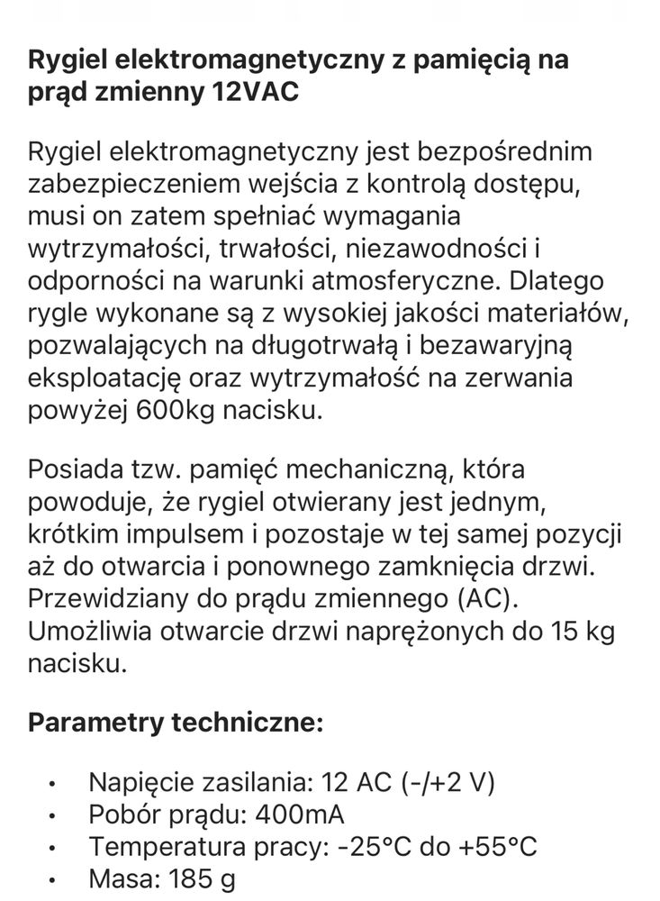 Zamek/Elektrozaczep Gerda z pamięcią 12V AC