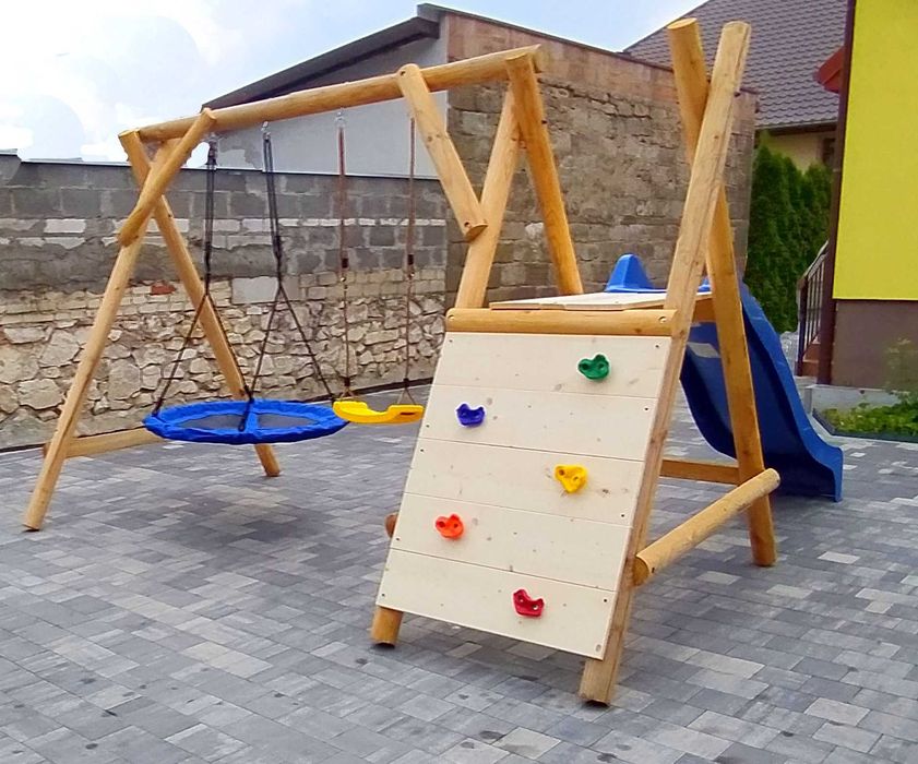 Drewniany Plac Zabaw do Ogrodu MIKI 2Huśtawki Ślizg Ścianka PRODUCENT