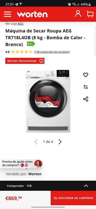 Máquina de Secar Roupa AEG TR718L4OB - Nova c/ Garantia