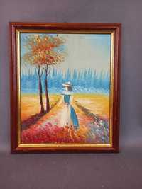 Spacerująca dama, krajobraz, obrazek olejny
