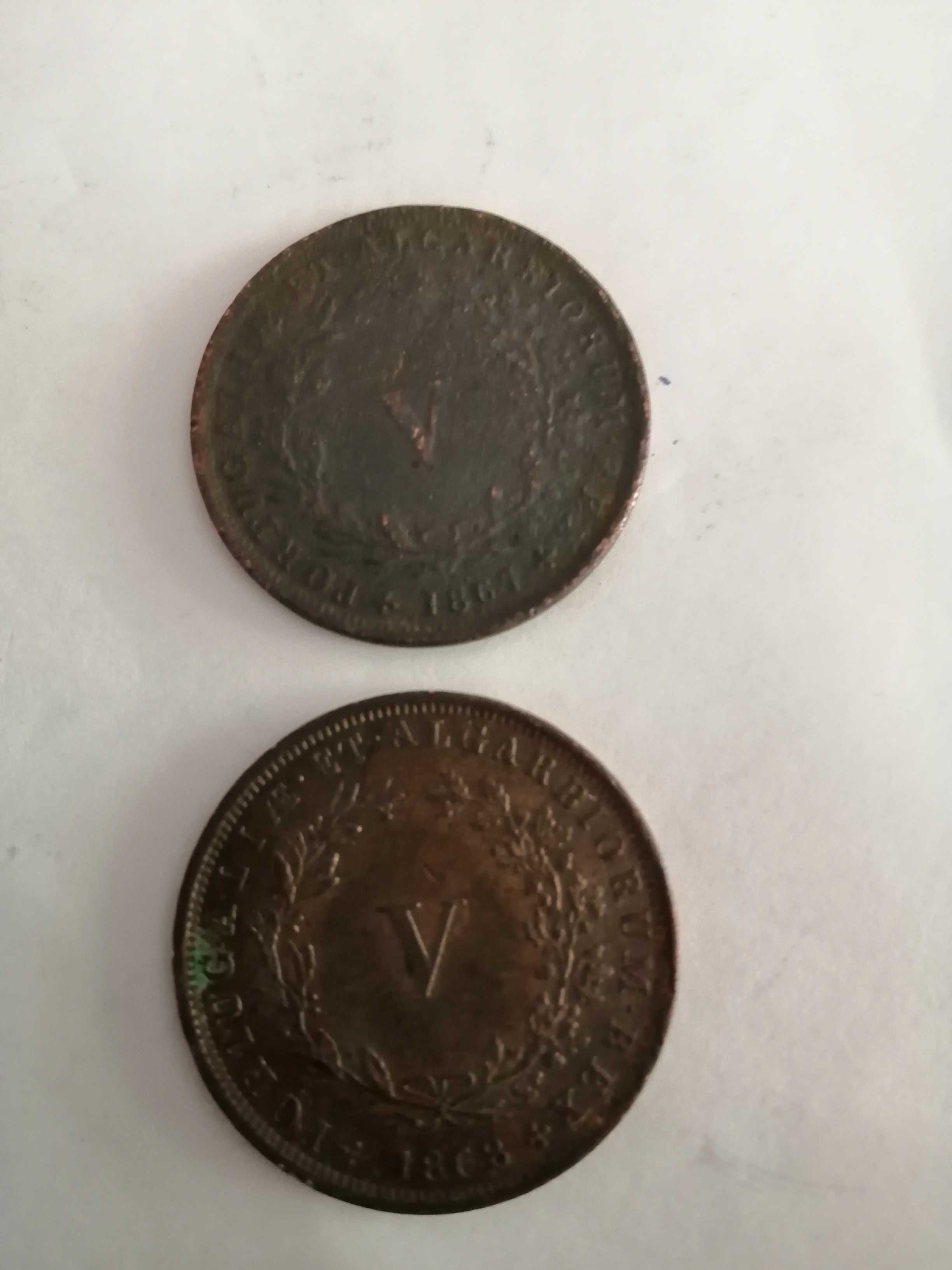 2 moedas de V réis D. Luís, 1867 e 1868.
