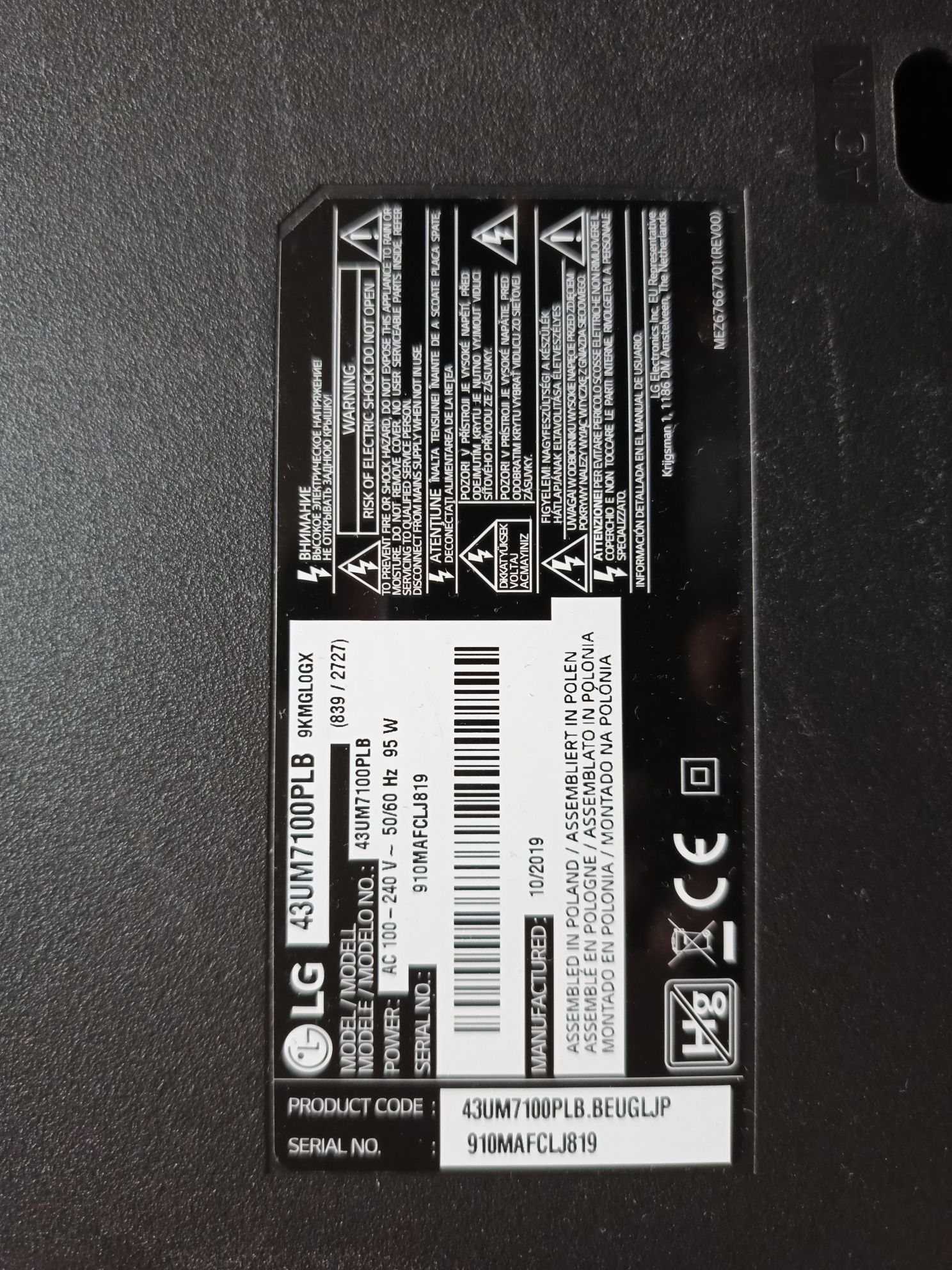 Części od telewizora LCD LG 43UM7100aPLB