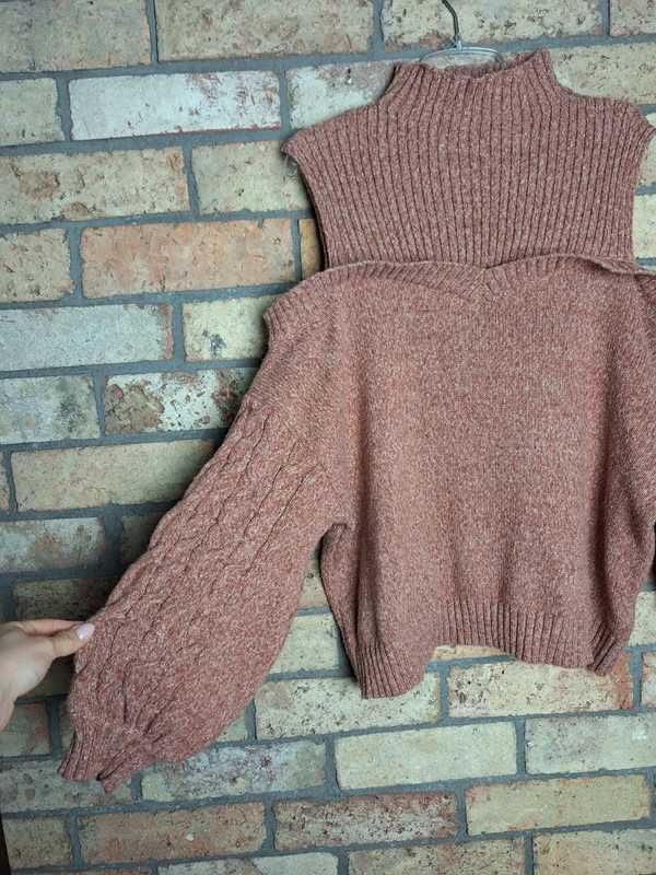 Ciekawy sweter ciepły gruby cold shoulder półgolf xl 42 14