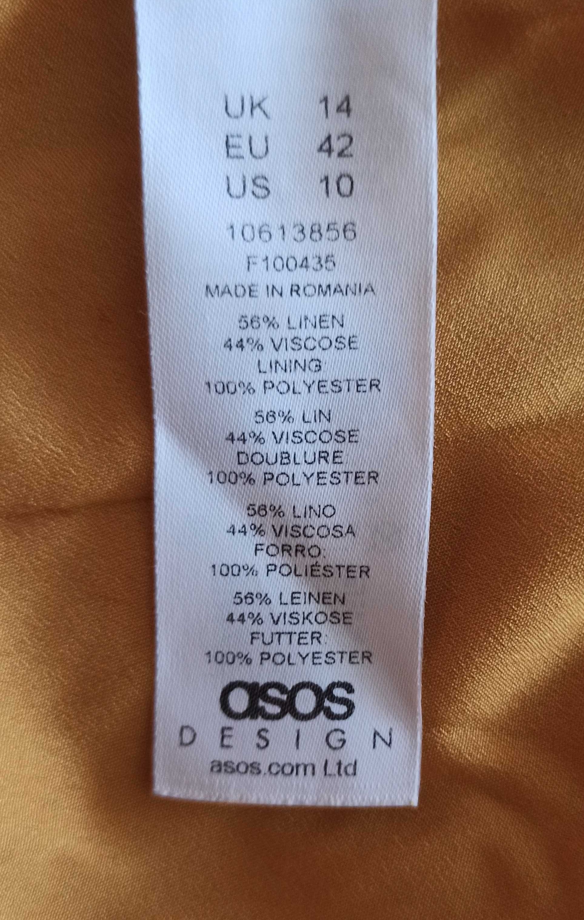 Lniana musztardowa sukienka midi z bufiastym rękawem ASOS