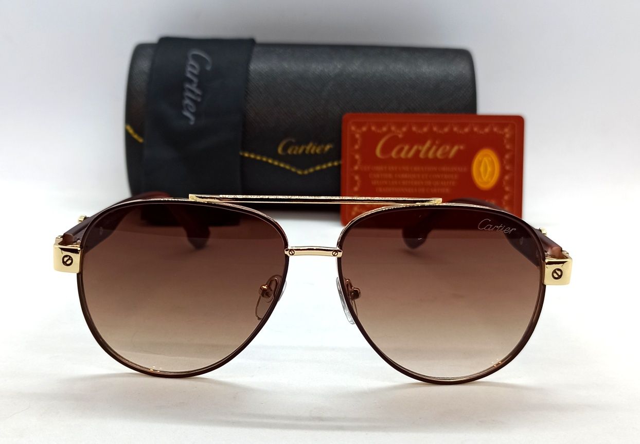 Cartier очки капли мужские солнцезащитные коричневые в золотом металле